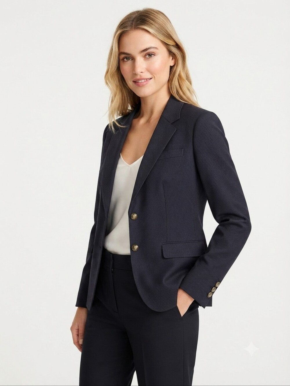 J.Crew Navy Blue Pinstripe Wool Blend Blazer Jacket Size 6 Brass Buttons